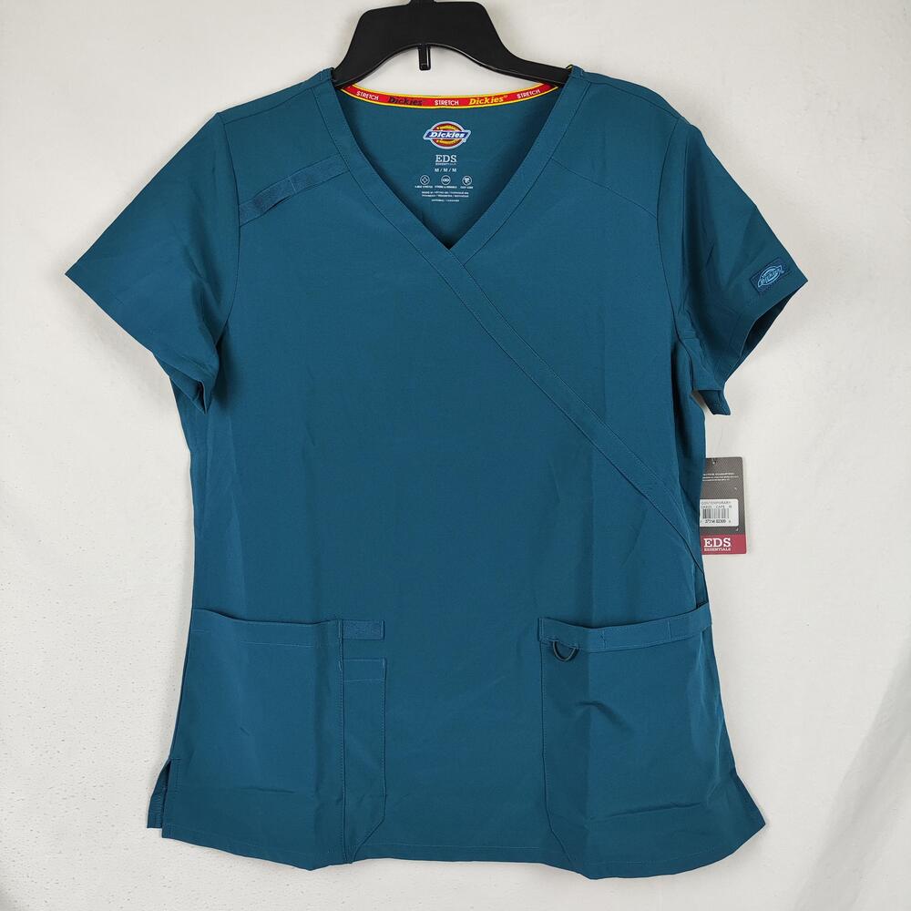 Dickies Shirt Womens Medium Blue EDS Essentials V Neck Scrub Top Stretch Pockets
